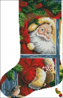 ПК3(з)-3367 Рождественский носок. Дед Мороз в окошке 28,5х43,5 полная зашивка - Интернет-магазин товаров для вышивки бисером "Ручки Золотые", Ноябрьск